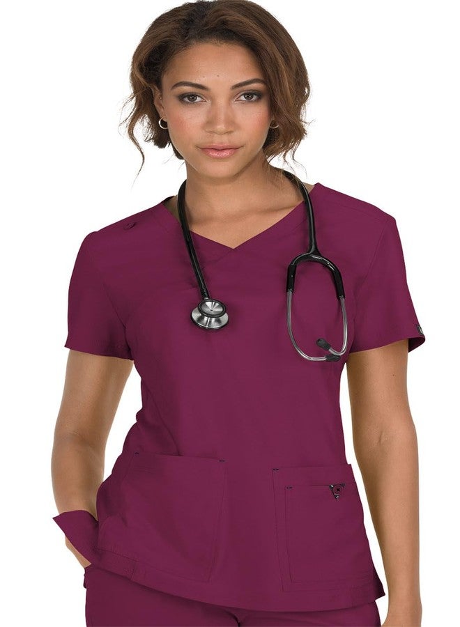 KOI Basics Katie Women's 4-Pocket Mock-Wrap Scrub Top Wine Small - Image 1